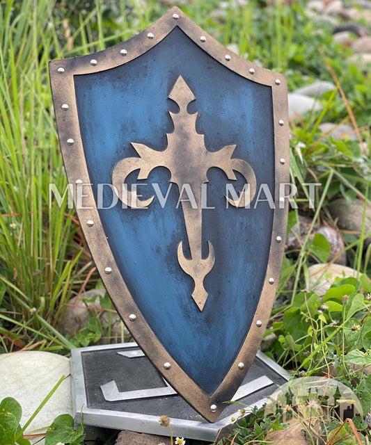MEDIEVALMART AU Medieval Templar Devil Zelda Cross Inspired Wooden Shield Bliue & Gold Finish | Gift for Christmas Day
