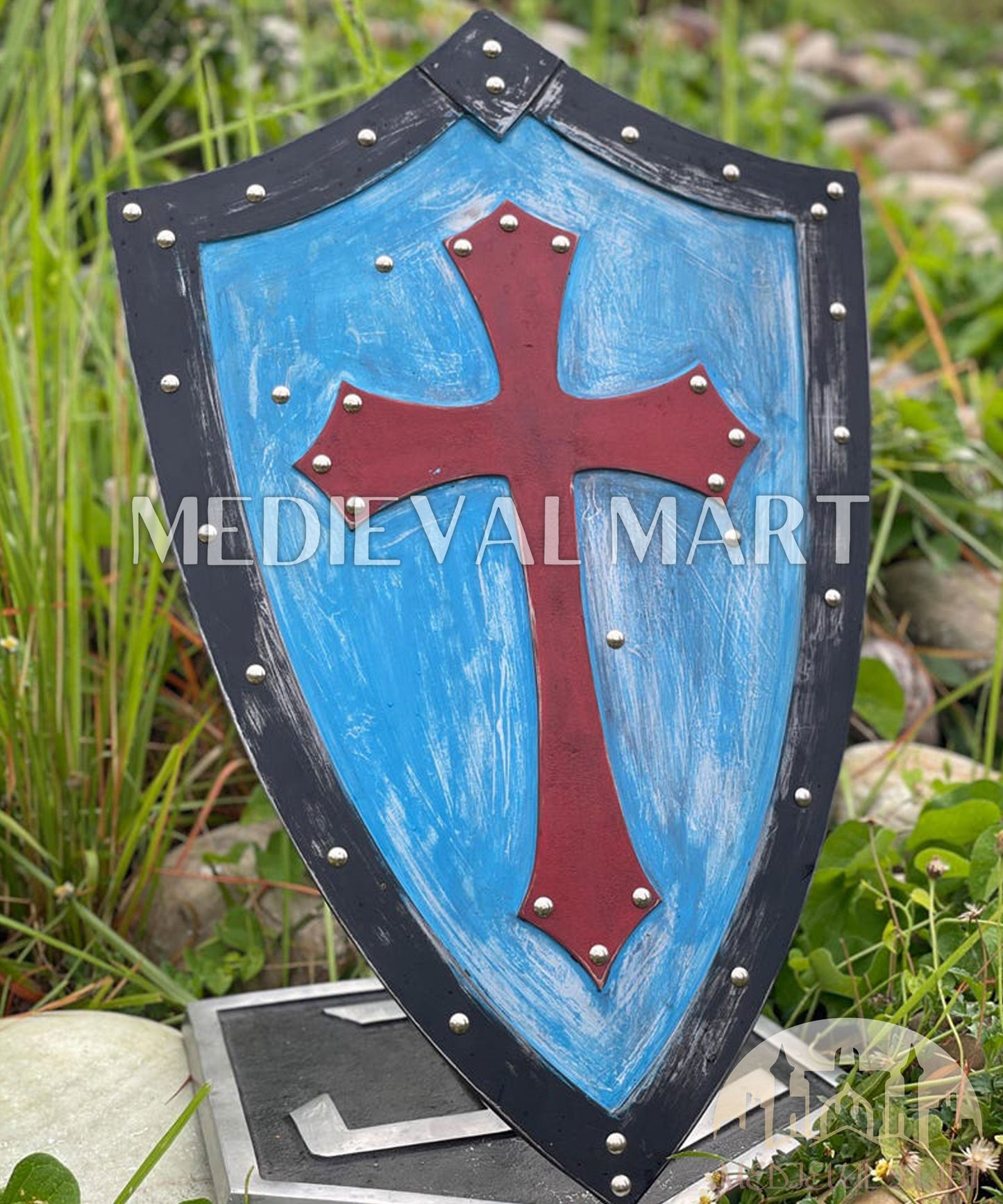 MEDIEVALMART AU Medieval Templar Devil Zelda Cross Inspired Wooden Shield Bliue & Gold Finish | Gift for Christmas Day