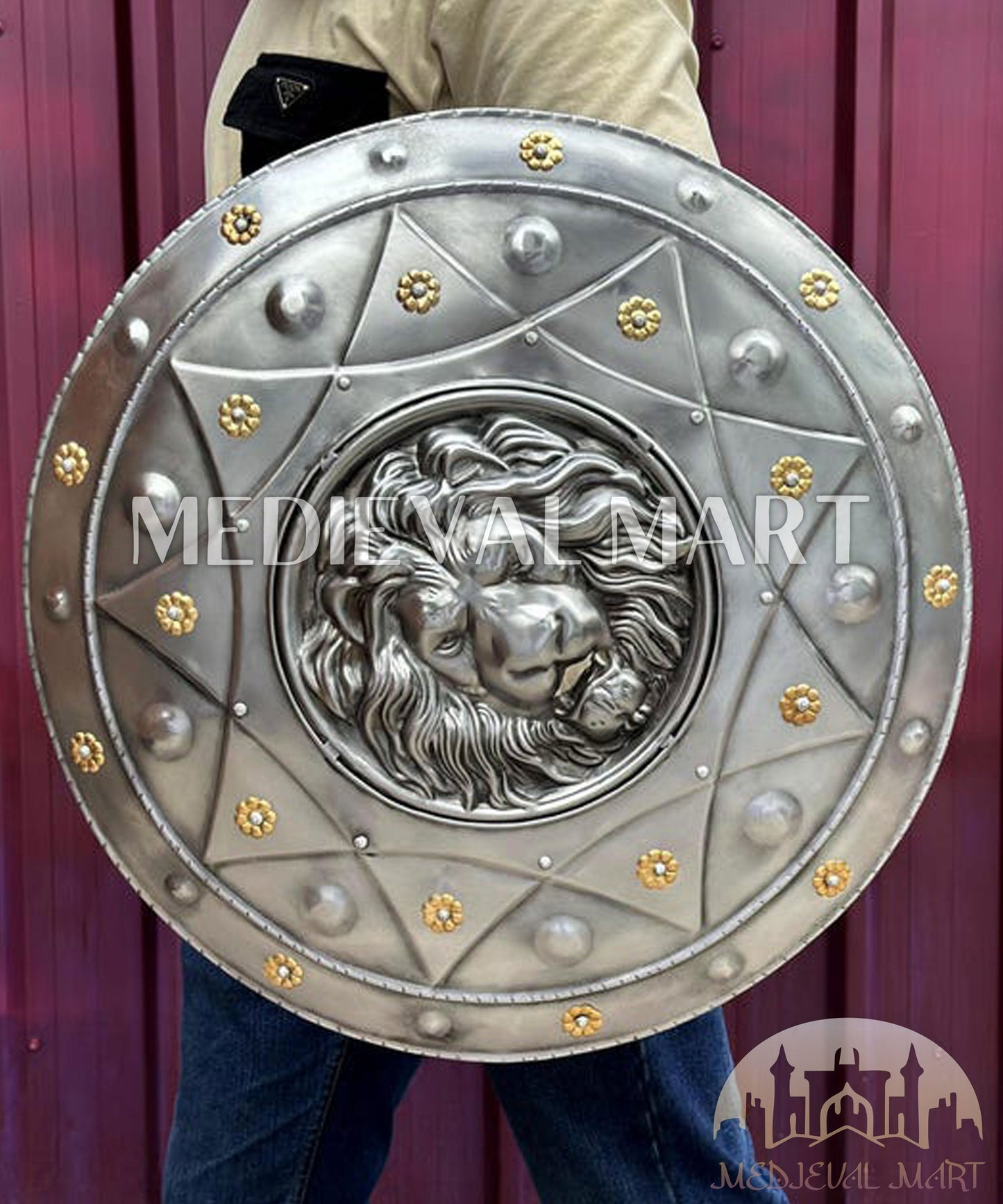 MEDIEVALMART AU Medieval Templar Devil Zelda Cross Inspired Wooden Shield Bliue & Gold Finish | Gift for Christmas Day
